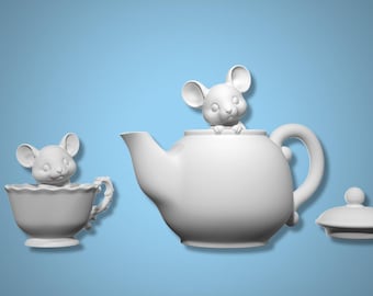 Mouse tea set STL, miniature teapot and teacup, cute mouse dollhouse miniature 1:12 scale, 3D printable STL files (Instant Download)