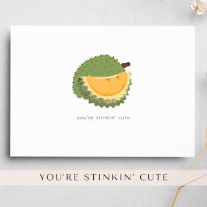 carte de voeux | tu pues le durian mignon | saint valentin | jeu de mots sur la cuisine asiatique | jeu de mots carte de vœux | Nourriture kawaii | petite carte | drôle