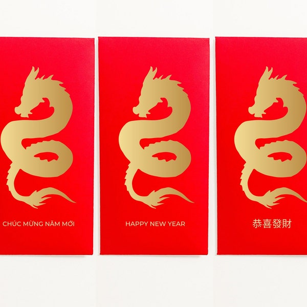 Lunar New Year 2024 Lucky Red Envelope | Happy New Year Red Envelopes with Gold Foil | Red Pockets | Lai See | Hong Bao | Year of the Dragon