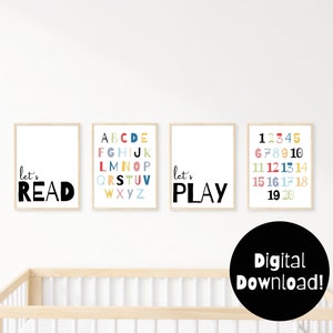 Lets Read Poster, Lets Play Poster, Playroom Signs, Playroom Decor, Alphabet Poster, Lets Read Wall Art, Lets Play Wall Art, Playroom Art