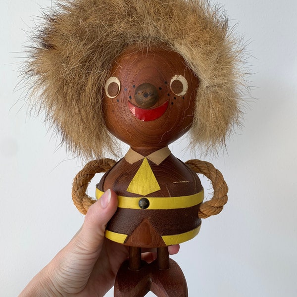 XXL Teak Fur Troll Sweden - Swedish artist Ulla Britt Alklid 1960s - Handmade and signed - Vintage Scandinavian Design Collectible Figure