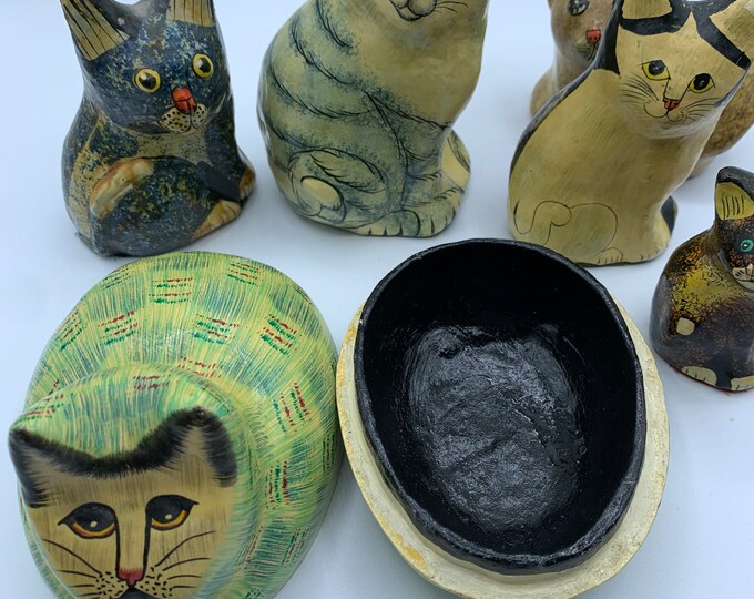 Vintage Papiermâché Papier Mache Cats Collection, Decoupage Trinket