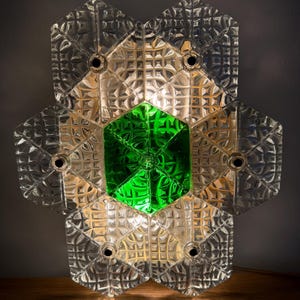Wall Lamp Gilt Brass 1960s/Ice glass/ Clear Green Paul Kedelv, Orrefors Swedish Vintage Lighting Scandinavian Crystal Brass Wall Sconce Lamp