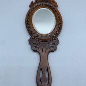 Antique Vanity Carved Wood Oak Hand Mirror/ Floral Figural Design Decorative Mirror Vintage 1970s Home Decor Art Deco