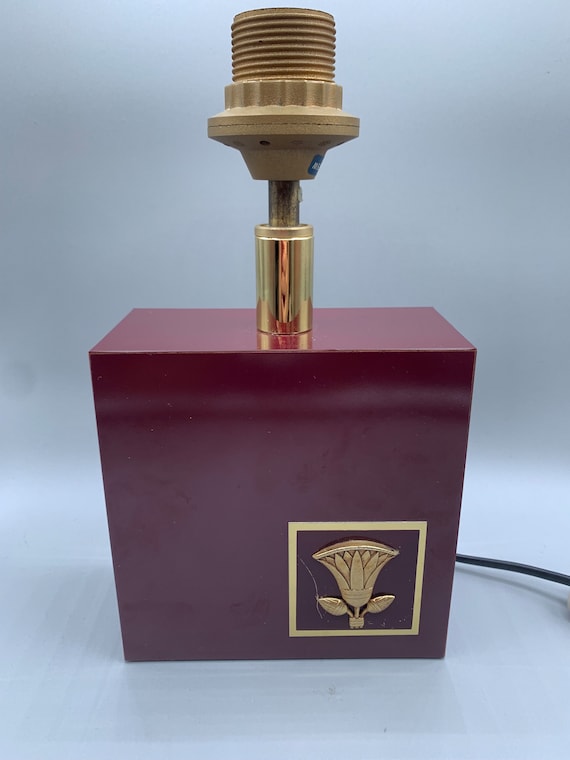 Vintage Red Table Lamp Norco Sweden Massive Lighting Design 1980s Lacquered Red Wooden Base Gold Tulip Scandinavian Lighting