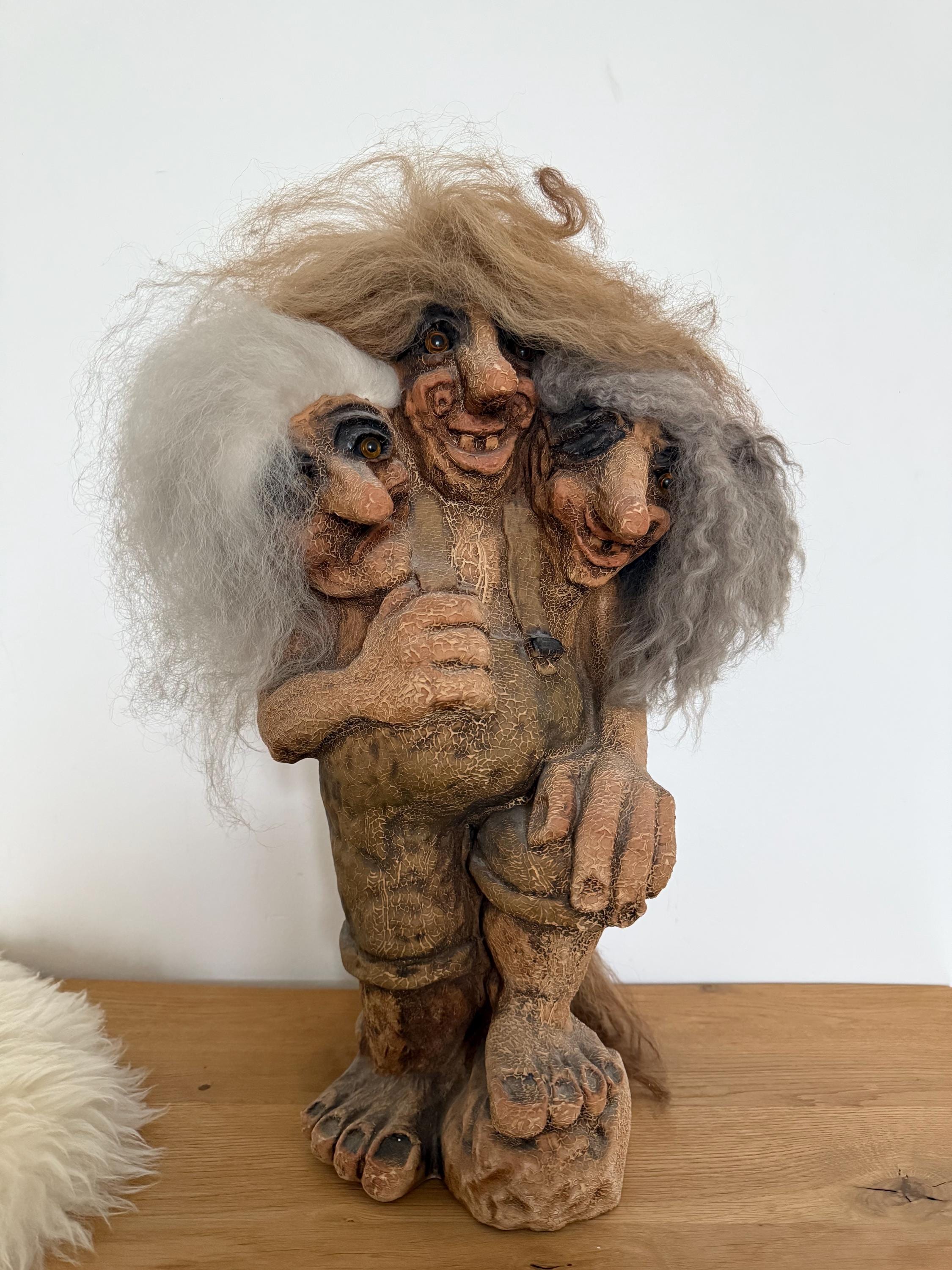 Huge Vintage Norwegian Troll Three Heads, Fosse- Troll, Norwegian