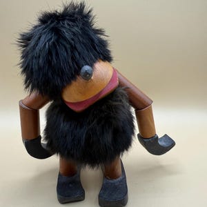 Vintage Olive Wood Troll, Monkey, Ape, Gonk Swedish troll Fur Teakwood figure- Swedish design 1960s vintage Scandinavian Home Decor Sweden
