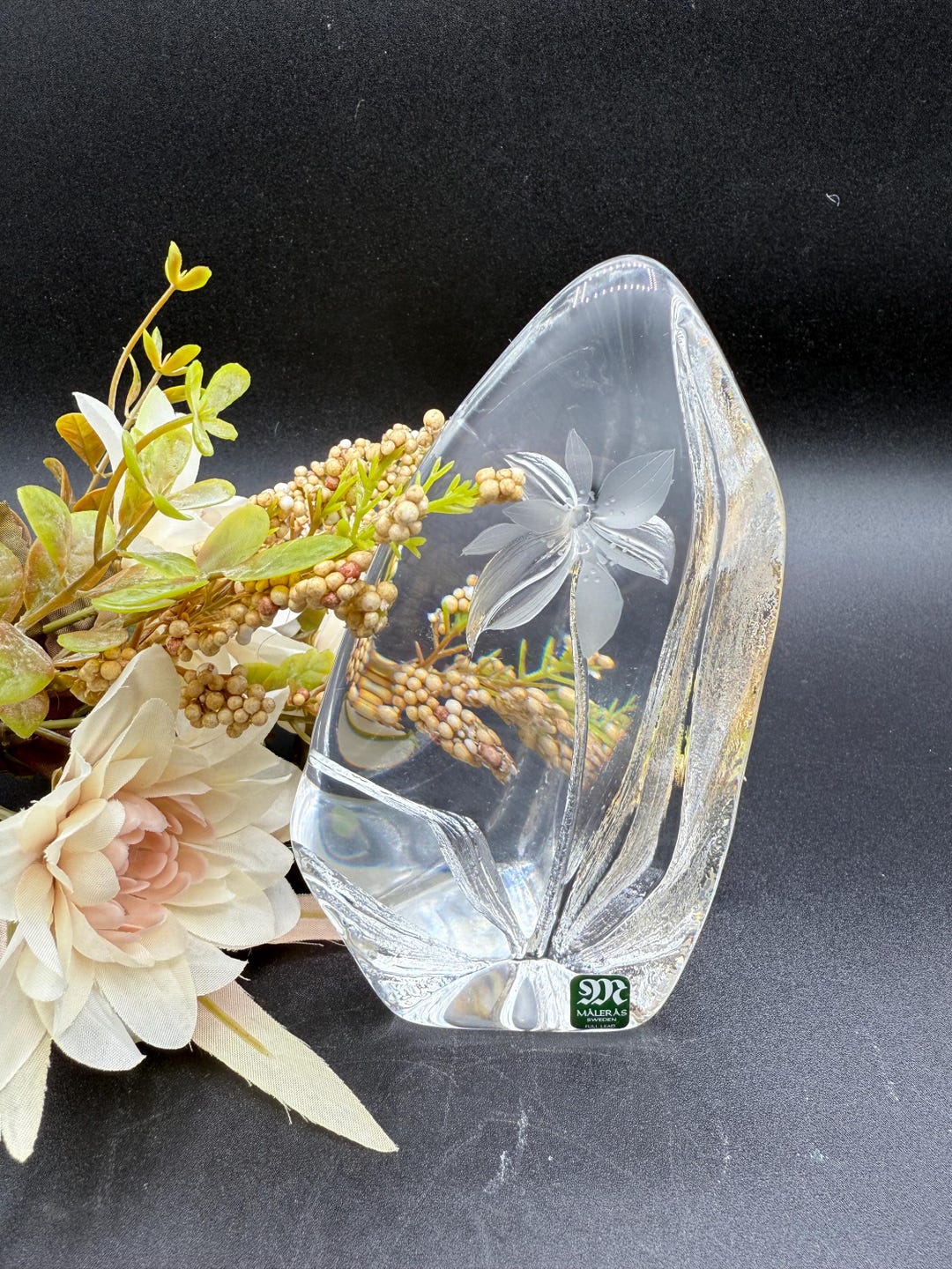 Large Swedish Crystal Glass Paperweight Flower Orchid Designed by