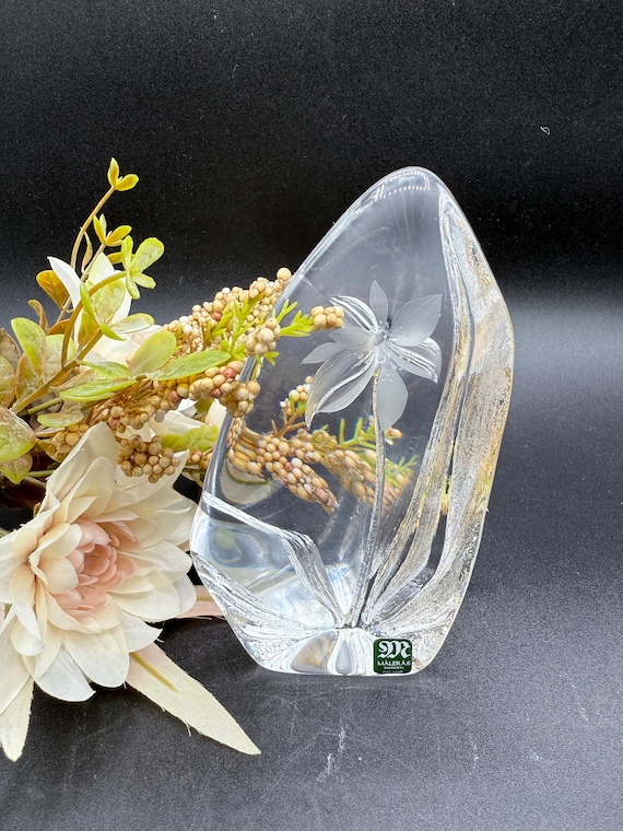 Large Swedish Crystal Glass Paperweight Flower Orchid Designed by