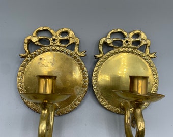 Set of two Small Vintage Antique Round Brass Candleholders Sweden Wall sconces with Bows Swedish Scandinavian Design 1960s Home Lighting