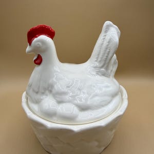 Vintage Schramberg Majolica Vit Kycklingkruka Glaserad Keramik Höna/ Ägghållare/ Lockkruka Vintage Påskdekor Västtyskland Heminredning