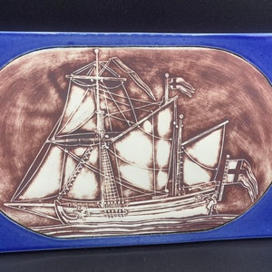 B.Sundell Hiorten Vintage Ceramic Wall Plaque Gustavsberg Sweden Scandinavian Pottery 1970s Blue Ceramic Ship Wall Hanging Blue Pottery