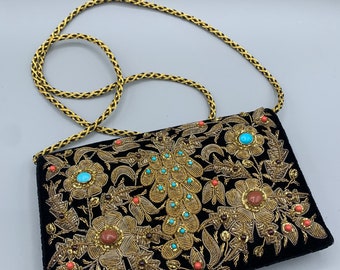 Vintage Zardozi Bag handmade in India Mid Century Bullion Embroidered Black Velvet Clutch with Semi Precious Stones