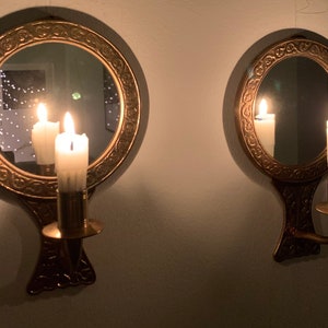 Set of two Vintage Antique Oval Brass Candleholders with Mirror, E.M MORA Sweden Art Deco Wall Sconces -Scandinavian 1960s Home Lighting