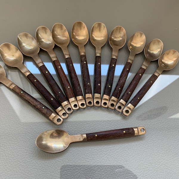 Carl Cohr Denmark/Gorgeous Vintage Mid-Century Danish Flatware Set of 12 Teak Wood Mahogany Brass Art Deco Utensils Tea Spoons 1960s