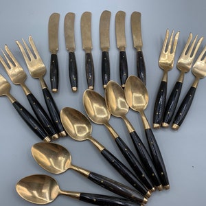 Vintage Modernists Utensils Mid-Century Danish Flatware Set of 18 Black Wooden and Brass Desert Fork Knife Spoon 1960s Utensils Denmark