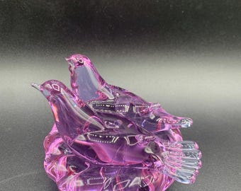 ムラーノ アルキメデ セグソ ヴィンテージ ガラス 置物 巣に止まった鳩 2 羽 ベニス ガラス 彫刻 署名入り アメジスト ガラス 鳥