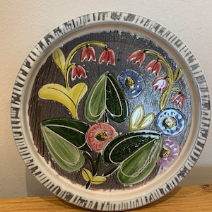 Ceramic Floral Plate /Shallow Bowl/Ashtray by Laholm Keramik, Sweden-Scandinavian Pottery-Green/Pink/Blue/Yellow/Flowers Home Decor Vintage