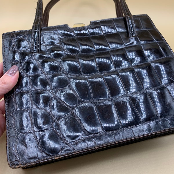 Incroyable sac à main vintage classique véritable cuir croco sac à main en cuir noir doré rétro dame sac de soirée des années 1940