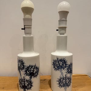 Set of two/ Royal Copenhagen White Blue Porcelain Table Lamp/ Design Kai Lange Fog and Morup Vintage Lighting 1960s Art Deco Lamp Denmark