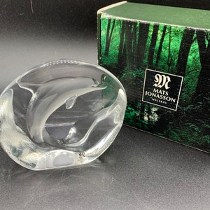 Swedish Crystal Glass Paperweight Mats Jonasson Maleras Målerås Made in Sweden Dolphin Original Box Scandinavian glass Vintage Design