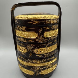 Chinese Wedding Stacking Basket Asian 3 Tier Black and Gold 