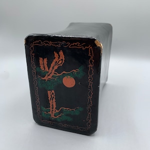 Vintage Chinese Lacquered Leather Opium Pillow Pine Trees and Sunset/ Chinese Poetry of Mao Zedong 1950s/ Cultural Revolution China
