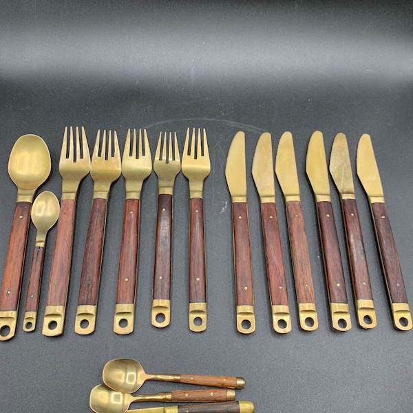 Carl Cohr Denmark Vintage Mid-Century Danish Flatware Set of 17 Teak Wood Rosewood Mahogany Brass Art Deco Utensils Tea Spoons 1960s