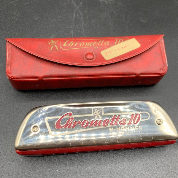 vintage Harmonica Chrometta 10 Hohner Original Case, Octave Harmonica Key C, Streamline Design, Allemagne des années 1950