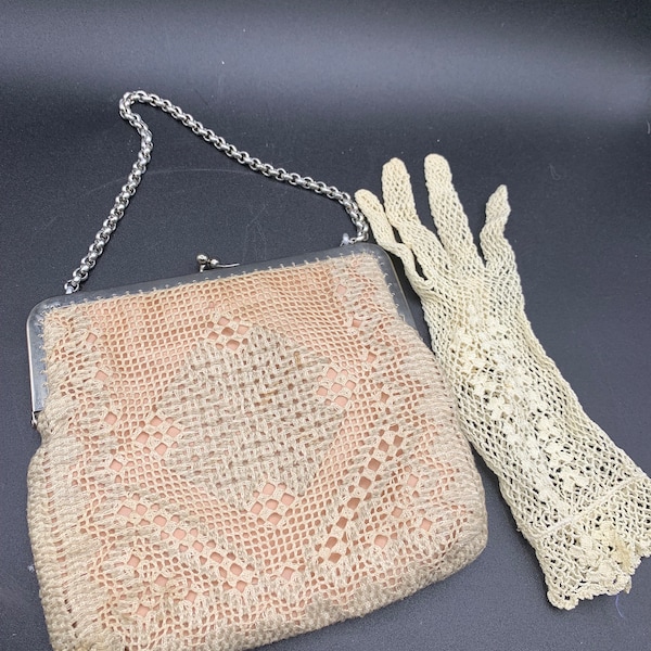 Ensemble de sac à main au crochet ivoire vintage, pochette à cadre en aluminium et gants rétro au crochet pour femmes, sac vintage des années 1930