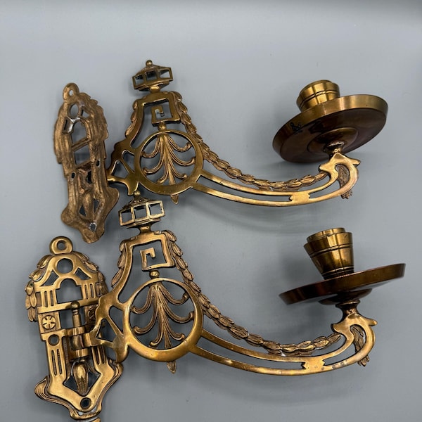 Set of two Large Vintage Antique Brass Wall Sconce Swedish Candelabra Scandinavian One-armed Piano Sconces Brass Art Deco Art Nouveau 1960s