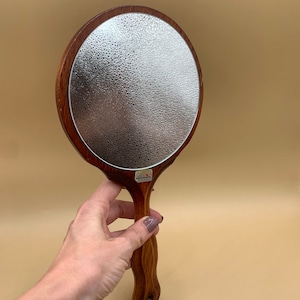 Dala Design made in Sweden Antique Vanity Hand Mirror Hand Carved Wood Teakwood/ Modern Mid-Century Mirror 1970s Home Decor Scandinavian