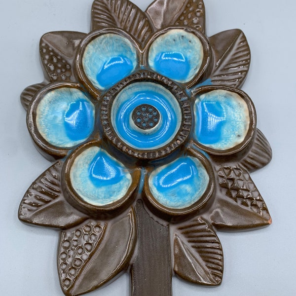 Upsala Ekeby Turquoise flower Wall Plaque by Irma Yourstone, 1960s, large ceramic plaque, wall plaque Scandinavian Vintage Pottery Home Decor