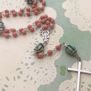 Pink Melon Rosary / Teal Czech Glass Melon and Pink Czech Glass Heirloom Rosary / Prayer Beads / Religious Gift / Sacred Heart of Jesus