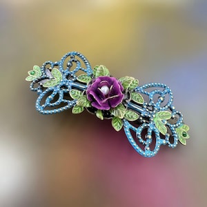 Pink Rose Barrette | Flower Hair Clip + Teal Filigree | Romantic Vintage Style Hair Accessory | One of a Kind Artisan Handmade Hair Jewelry