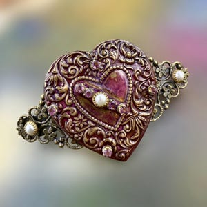 Heart Barrette | Filigree Hair Clip + Swarovski Crystals Pearls | Vintage Style Hair Accessory | One of a Kind Artisan Handmade Hair Jewelry