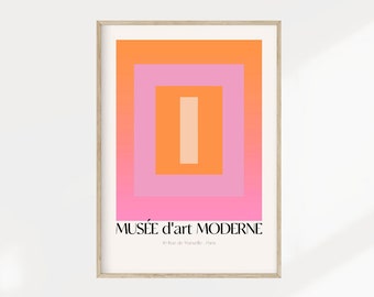 May include: A minimalist poster with a geometric design in shades of orange and pink. The poster features the text "MUSÉE d'art MODERNE" and the address "11 Rue de Monceau, Paris".