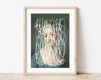 Altered Vintage Weibliches Porträt Poster, eklektisches Dekor, verändertes altes Gemälde, abstrakte Kunst, Scribble Art, Esszimmer Druck, einzigartiges Porträt