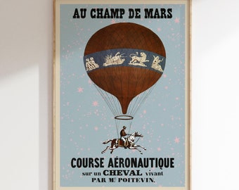 Vintage Heißluftballon Poster, Pferde Kunst, Antikes Pferdebild, Reiterkunst, Retro Poster, Pferdekunst, Französische Kunst, Vintage Zirkus