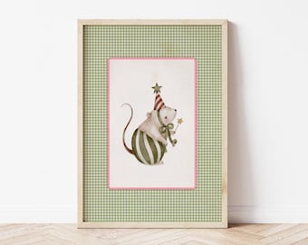 Mouse Art Print, Green Gingham Nursery Decor, Vintage Style