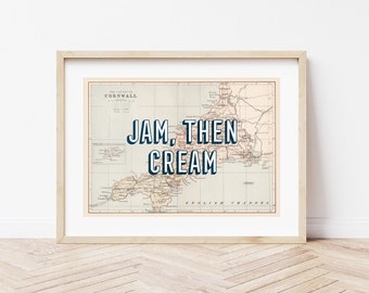 Cornwall Vintage Map Art Print, Jam Then Cream Poster