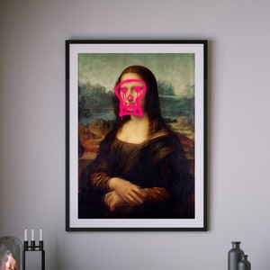 Mona Lisa Spray Paint Portrait Wall Art, Altered Vintage Art Print, Graffiti Art, Urban Art, Eclectic Decor, Bright Pink Wall Art