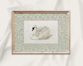 Vintage Swan Watercolour Print, Morris Leaf Border, Nursery Art