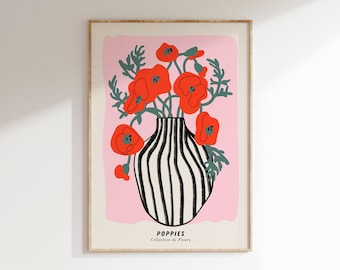Puede incluir: Un fondo rosa con un jarrón de rayas blancas y negras lleno de amapolas rojas. El texto "POPPIES" y "Collection de Fleurs" está en la parte inferior de la imagen.