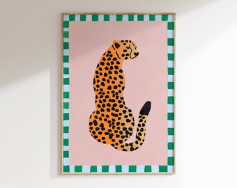 Pink Cheetah Poster, Pink Art, Grandmillennial, Painted Border Art, Pink and Green art, Leopard Print, Cheetah art print, Trendy Wall Art