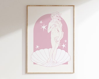 Peut inclure: Un dessin au trait rose et blanc de la Naissance de Vénus, un célèbre tableau de la Renaissance. La figure de Vénus est debout sur une coquille Saint-Jacques, ses cheveux flottant derrière elle. Il y a des étoiles en arrière-plan.