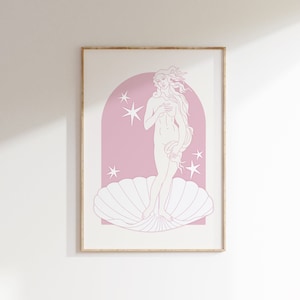 Impression d'art rose Naissance de Vénus, Sandro Botticelli moderne, décoration de salle de bain, art de coquillages, affiche de la déesse, art rose pastel, pastel danois