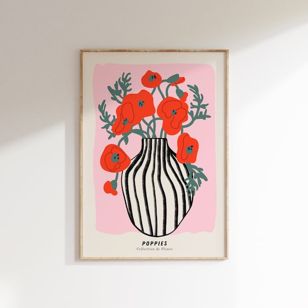 Poppies in Vase Illustration Art Print, Pink and Red Art, Flower Market Poster, Floral Home Decor, Danish Poppy Poster, Red Poppy Wall Art