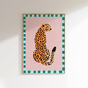Pink Cheetah Poster, Pink Art, Grandmillennial, Painted Border Art, Pink and Green art, Leopard Print, Cheetah art print, Trendy Wall Art