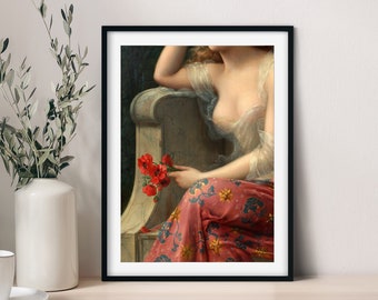 Lámina artística de desnudo femenino clásico con amapolas, lámina renacentista, arte alterado vintage, pintura de amapolas, desnudo vintage de Émile Vernon
